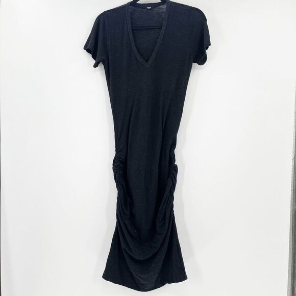 Monrow Mommy Women's Black V Neck Ruched Midi Maternity Dress Size L - Picture 2 of 3